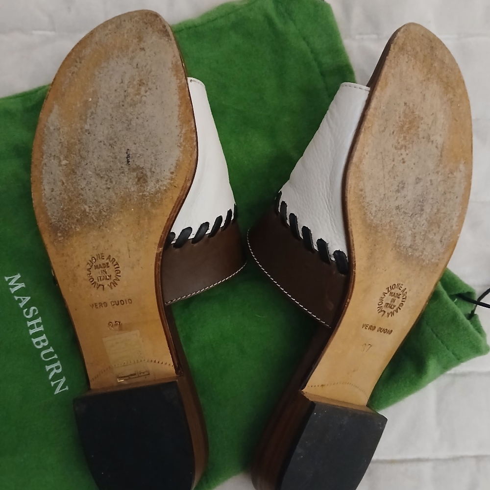 Ann Mashburn White & Brown Spring Italian Lotus Vacation Slides Sandals--37/6.5 - Picture 5 of 12